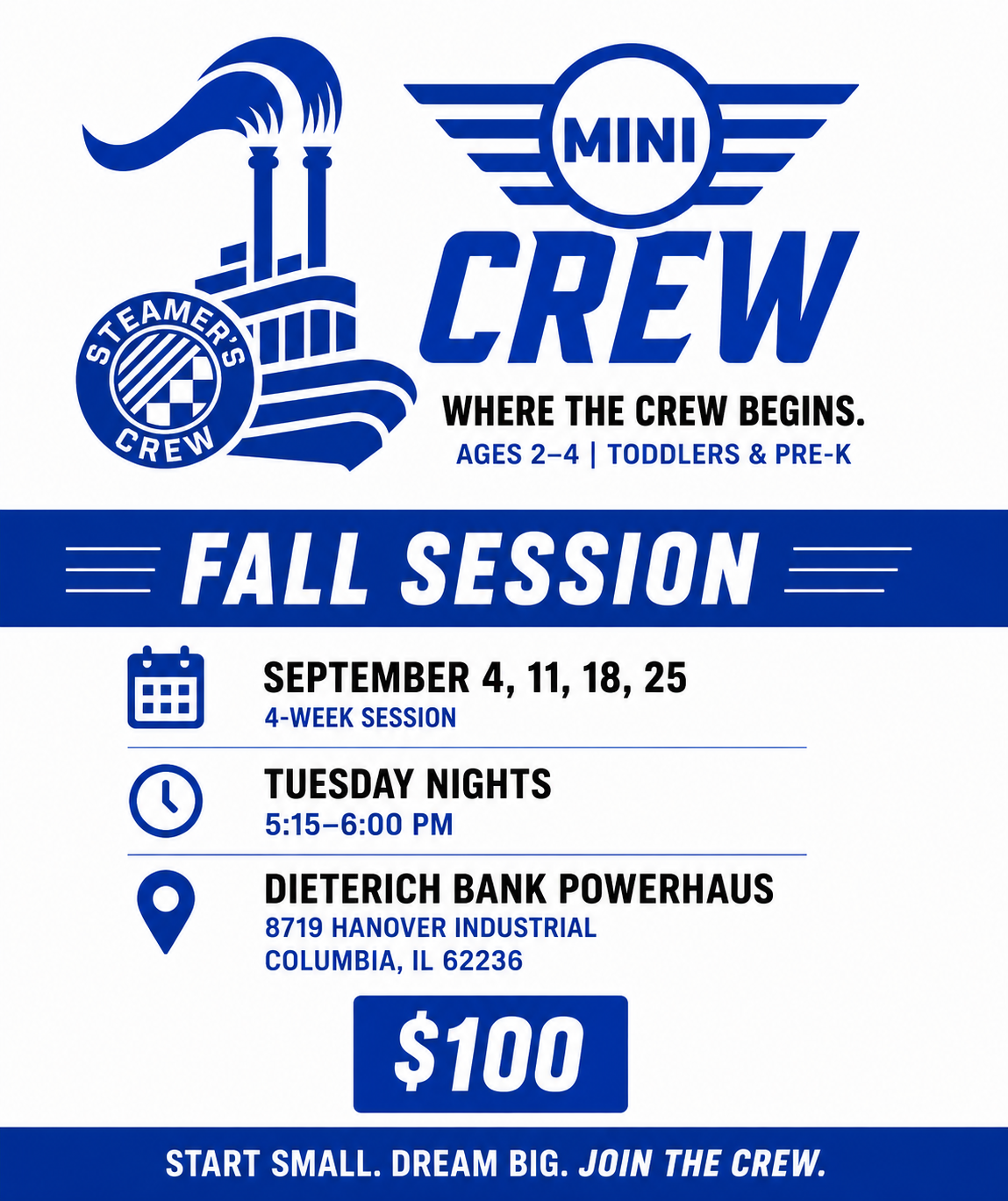Mini Crew Fall Session flyer with dates, times, location and price
